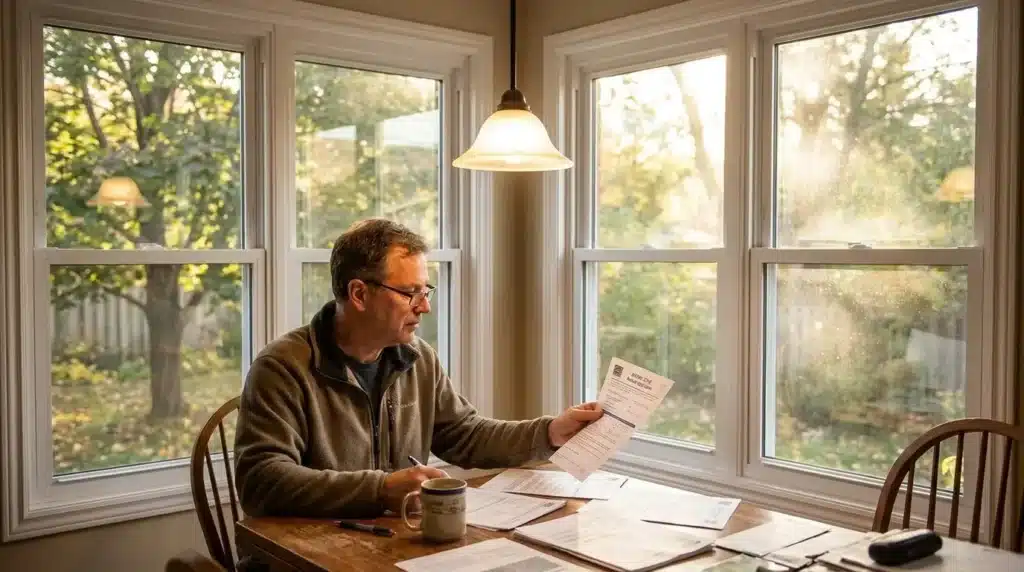 A man sits at a kitchen table by large windows, reviewing paperwork with a mug and calculator beside him. Sunlight filters through the trees outside.