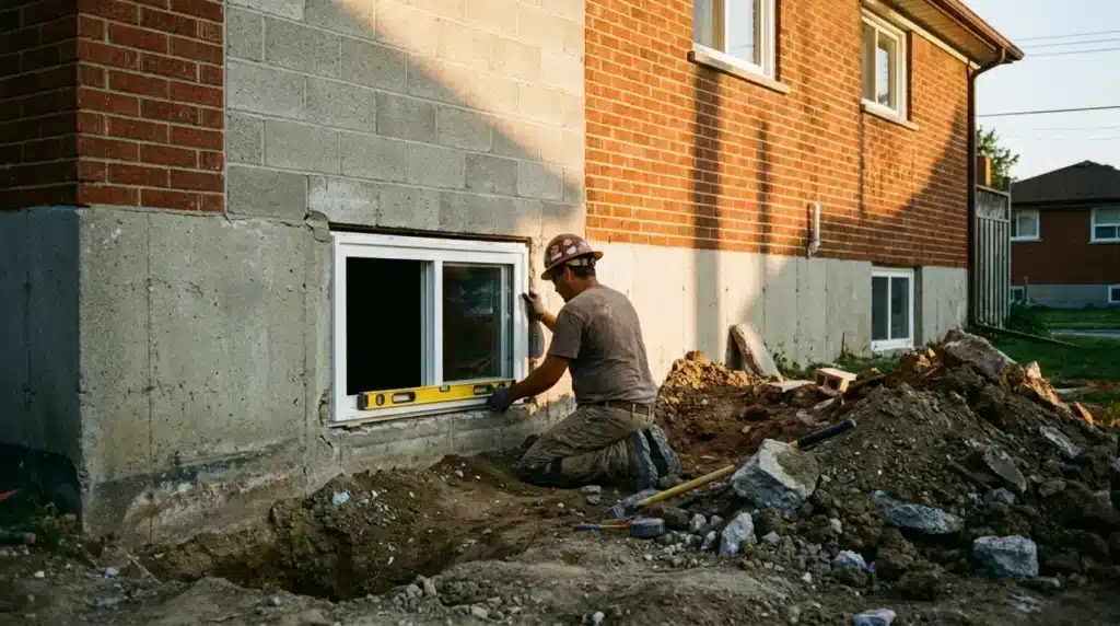 A construction worker kneels outside a house, using a level tool to install or adjust a basement window, with soil and debris around the site.