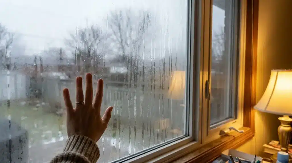 Person presses a hand against a foggy window with condensation streaks, interior lamp glow visible inside.