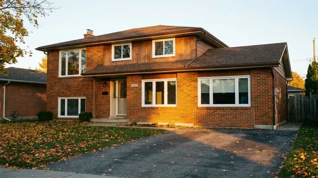 Two-story brick house with large front windows, brown roof, and driveway. Fallen autumn leaves cover parts of the lawn and driveway. The sun is setting, casting a warm light on the house.
