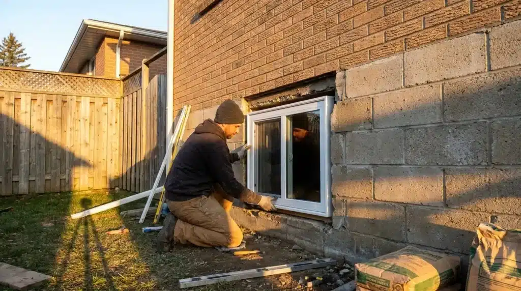 A person wearing work clothes and a beanie installs a window in the lower wall of a brick house, surrounded by construction materials and tools.