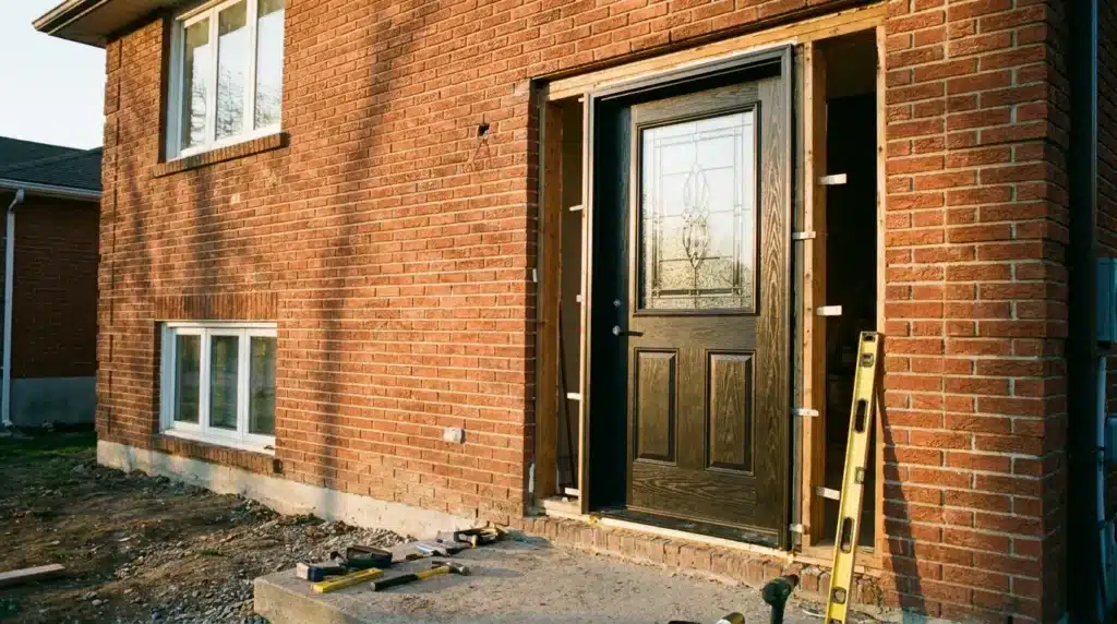 A front door is being installed on a brick house, with tools and a yellow level placed nearby on the concrete porch.