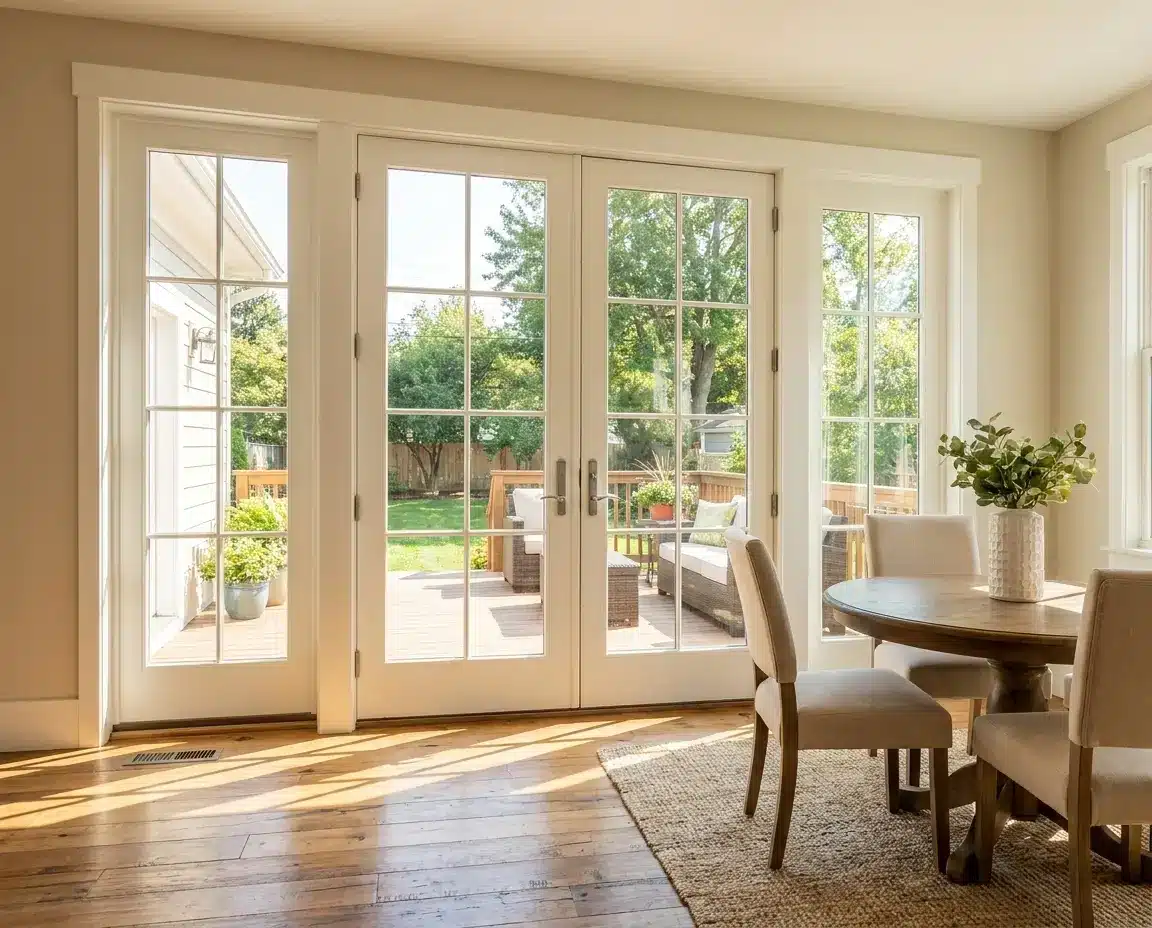 A dining area with a round table and four chairs is next to large glass doors that open to a wooden deck and a green backyard. Sunlight fills the room.